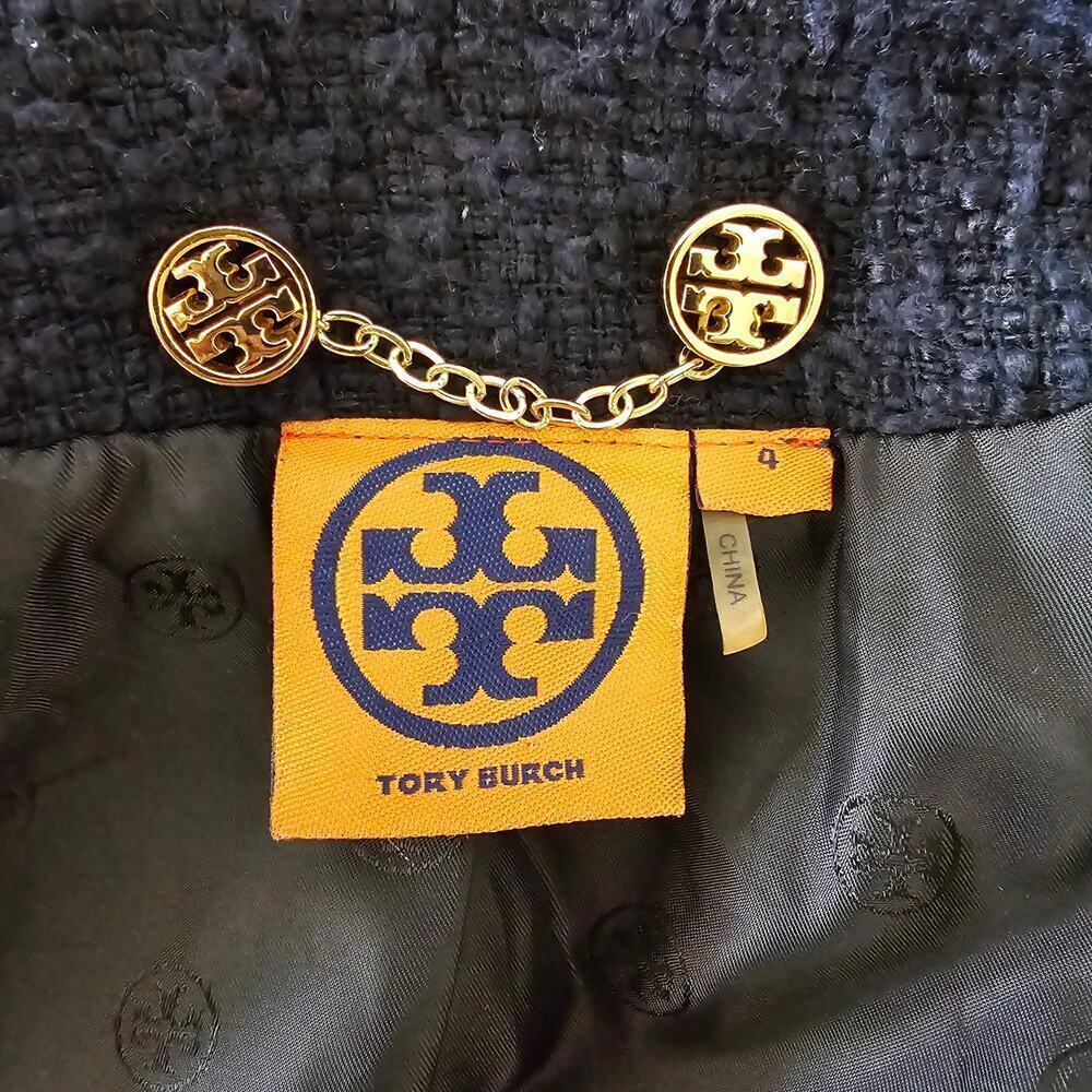Tory Burch Navy Long Sleeve Tweed Fringe Cross Grain Blazer Sz 4 - Picture 7 of 11